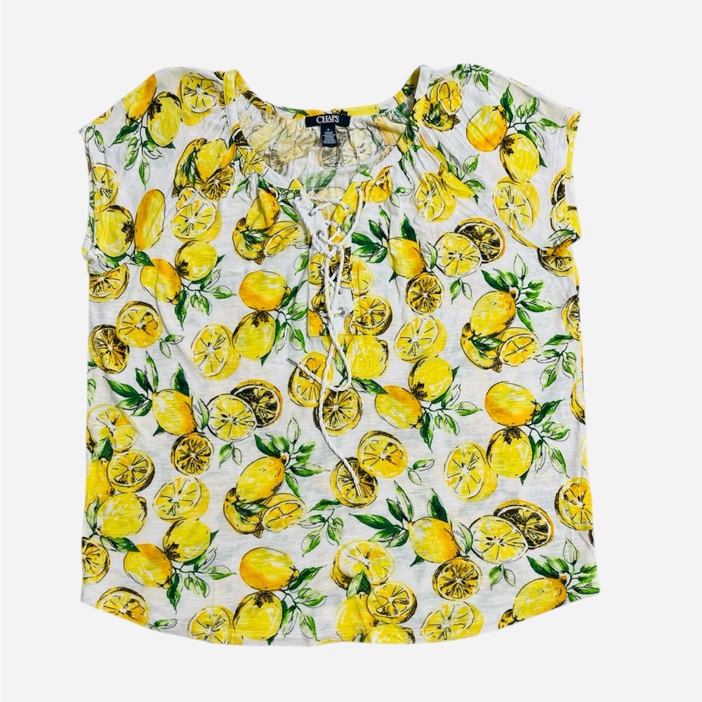 Chaps Green and Yellow Tie Front Cap Sleeve Blouse, Size Medium - Picture 3 of 5